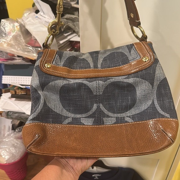 Coach Signature Ali Denim Handbag Purse Heavy Brass Fittings Tobacco Leather - Picture 6 of 15